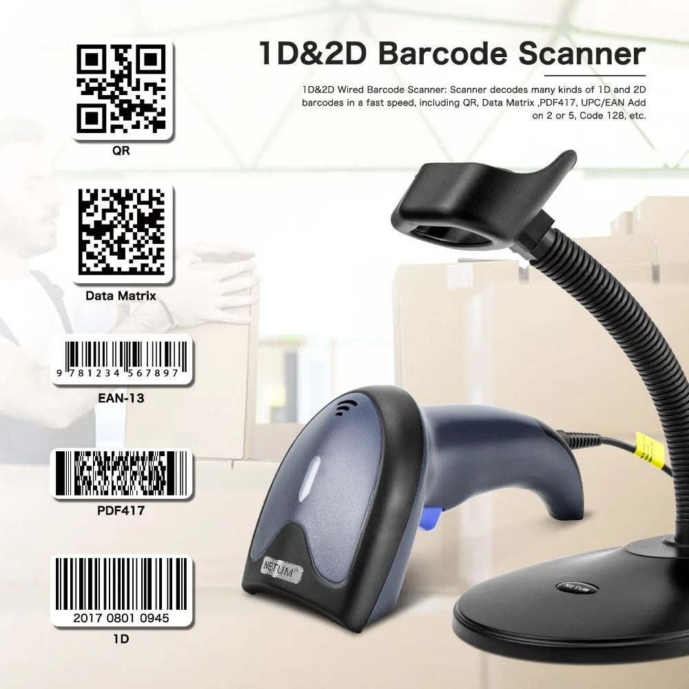 NETUM السلكية 2D QR الباركود ماسحة USB المحمولة التلقائي احادي الباركود قارئ/تصوير (QR ، PDF417 ، مصفوفة البيانات) NT-W5