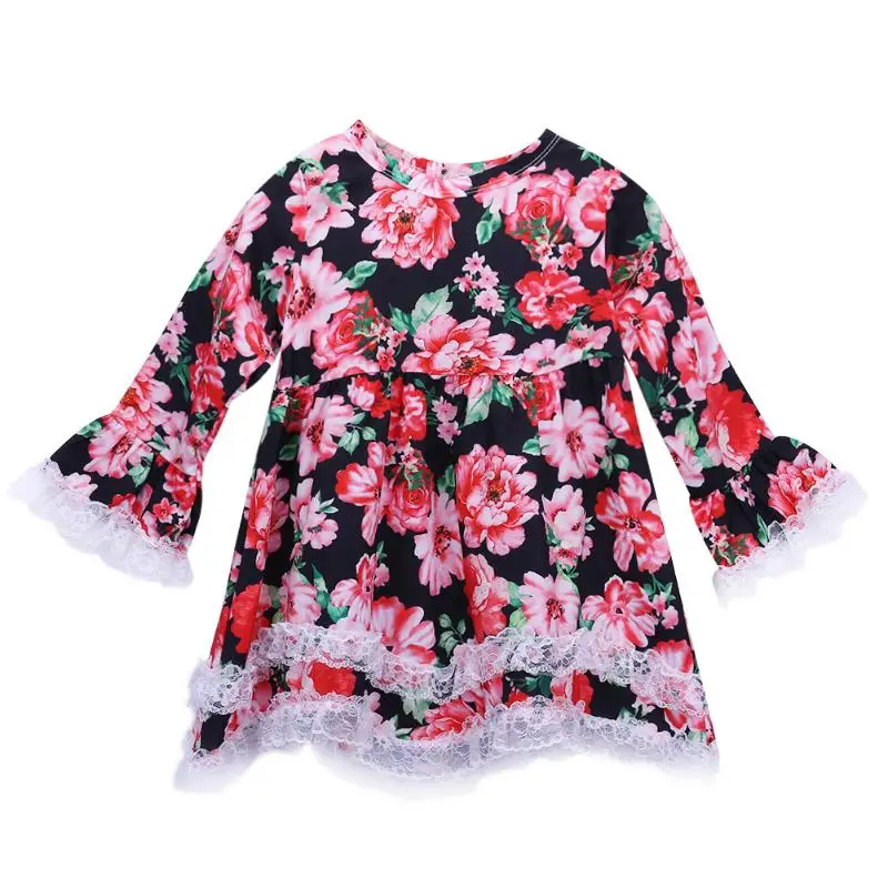 

Baby Girls Floral Dresses Cotton Kids Baby Girls Clothing Dress Long Sleeve Flower Pattern Lace Trim Autumn Bottoming Dress