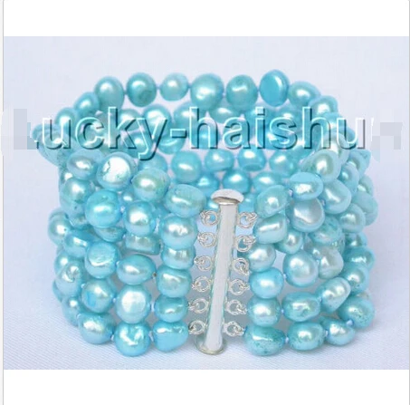 

8" 6row 9mm baroque sky blue pearls bracelet bangle magnet clasp j8829@^Noble style Natural Fine jewe SHIPPING new >>free shippi