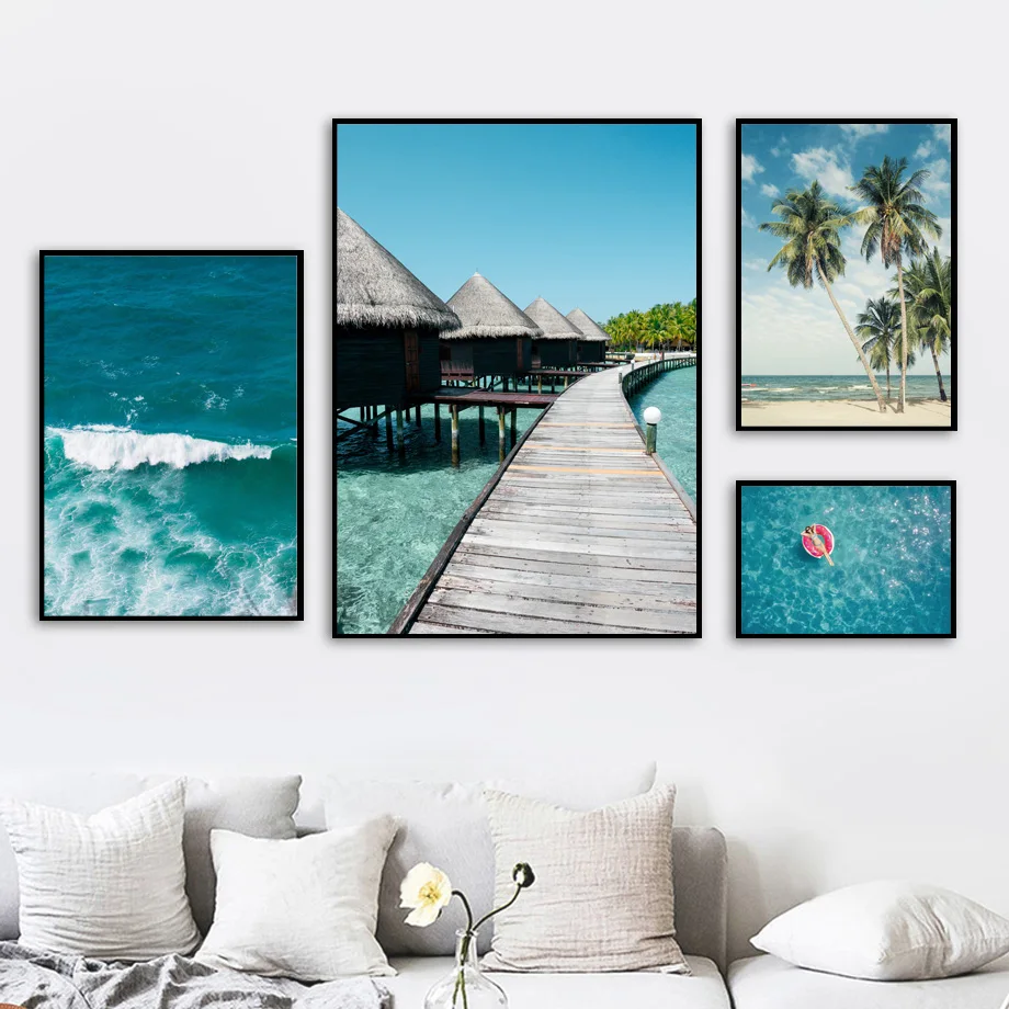 

Sea Wave Bridge Palm Tree Landscape Wall Art Canvas Painting Nordic Posters And Prints Wall Pictures For Living Room Home Decor