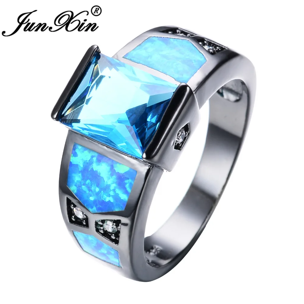 JUNXIN уникальное женское мужское кольцо с голубым огненным опалом, Черное золото, обручальное кольцо, AAA циркон, Anel, модное ювелирное изделие