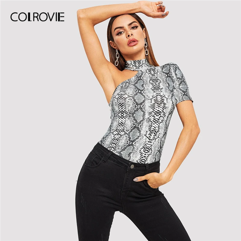 

COLROVIE Halter One Shoulder Snake Skin Print Fitted Party T-Shirt Women 2019 Spring Korean Short Sleeve Casual Tees Elegant Top