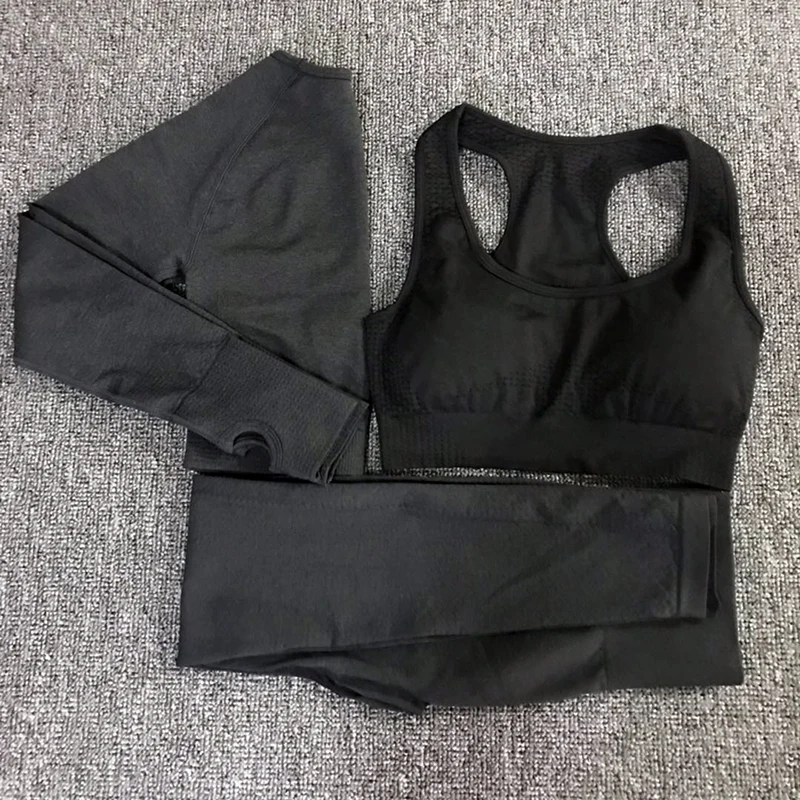 Najtaniej 3 sztuk zestaw jogi Vital bezszwowe legginsy stanik sportowy + z długim rękawem krótki top + kobiety Running legginsy gimnastyczne wysokiej talii Fitness strój sportowy