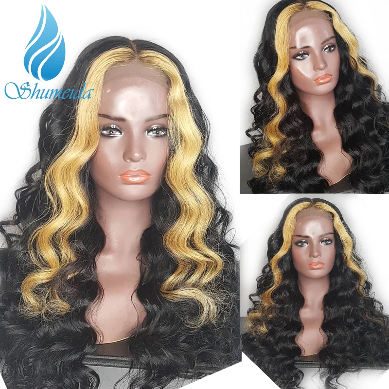 

SHD Highlight Color 13*6 Frontal Lace Wigs with long Deep Part Brazilian Remy Human Hair Lace Front Wig Bleached Knots Baby Hair
