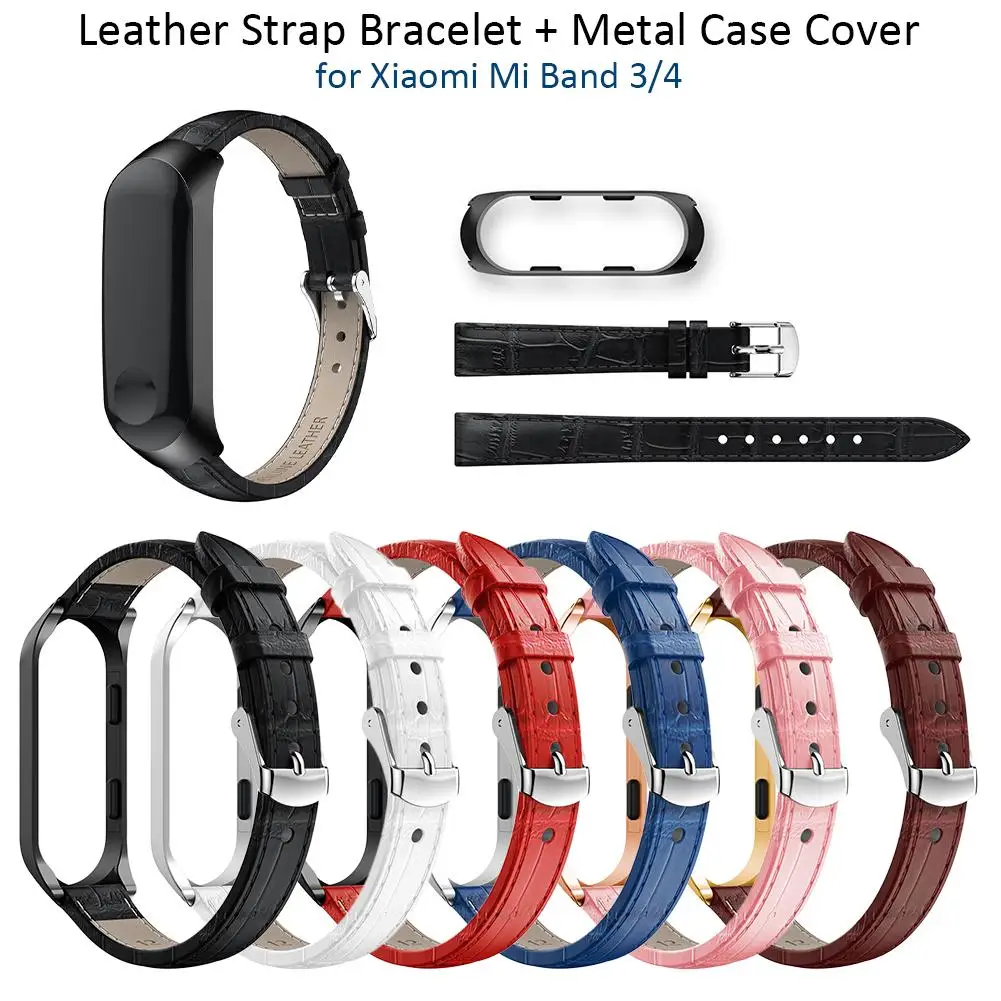 

High Quality Crocodile Leather Strap Stainless Steel Frame Wristband For Xiaomi 3 4 2019 Newest Watch Bands For Mi Band 3/4