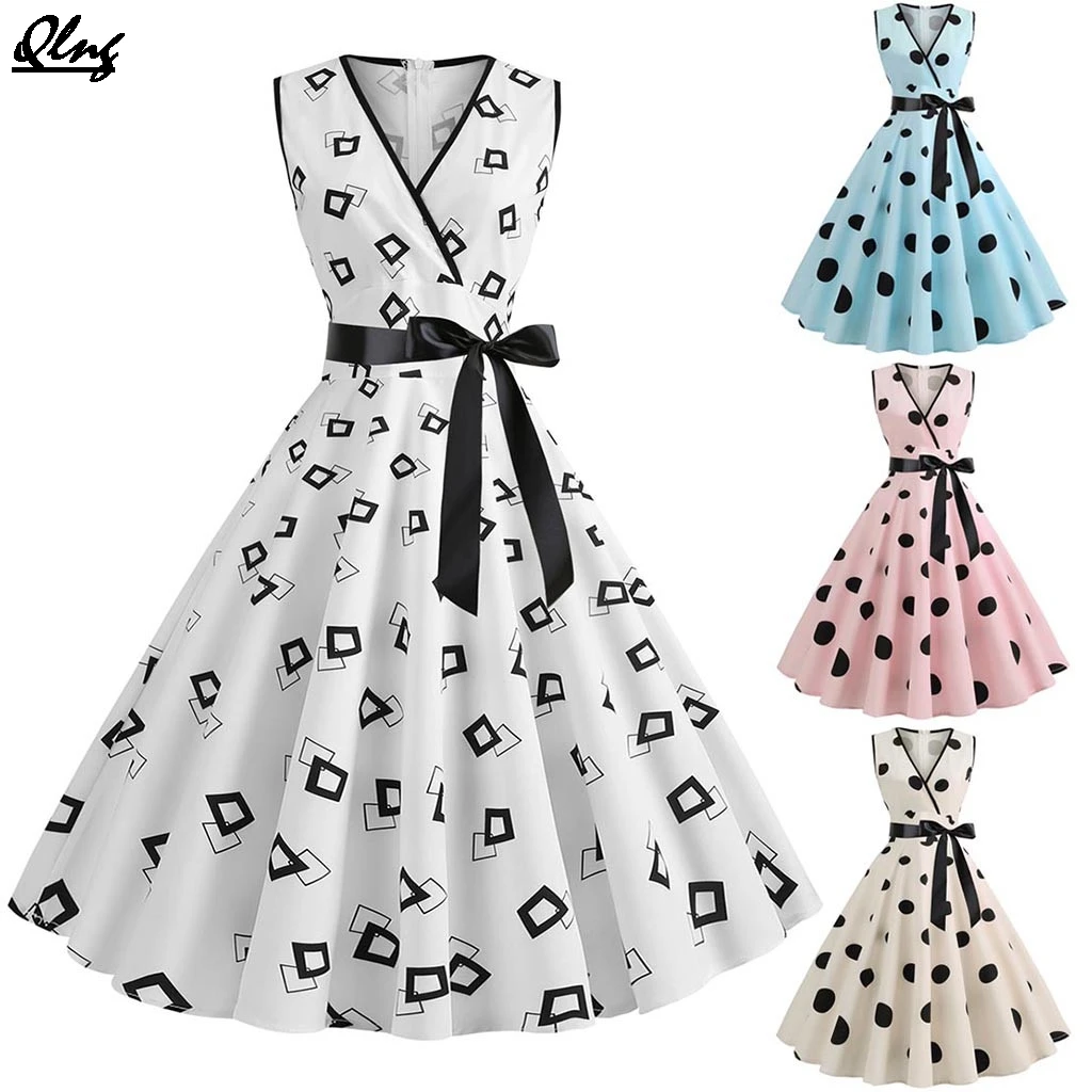 

Qlng Vintage Women Casual 1950s Retro Sleeveless V-Neck Dot Printing Party Prom Swing Dress