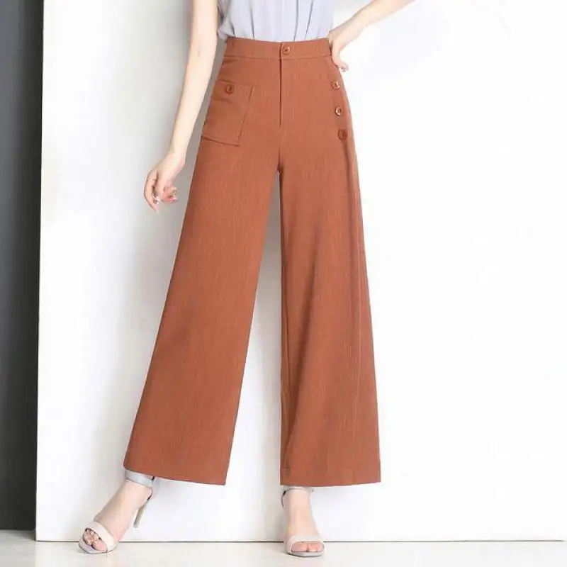 

Summer Spring Womens Green Orange Wide Leg Buttons Wide Leg Linen Ankle Length Linen Trousers , Loose High Waist Pants For Women