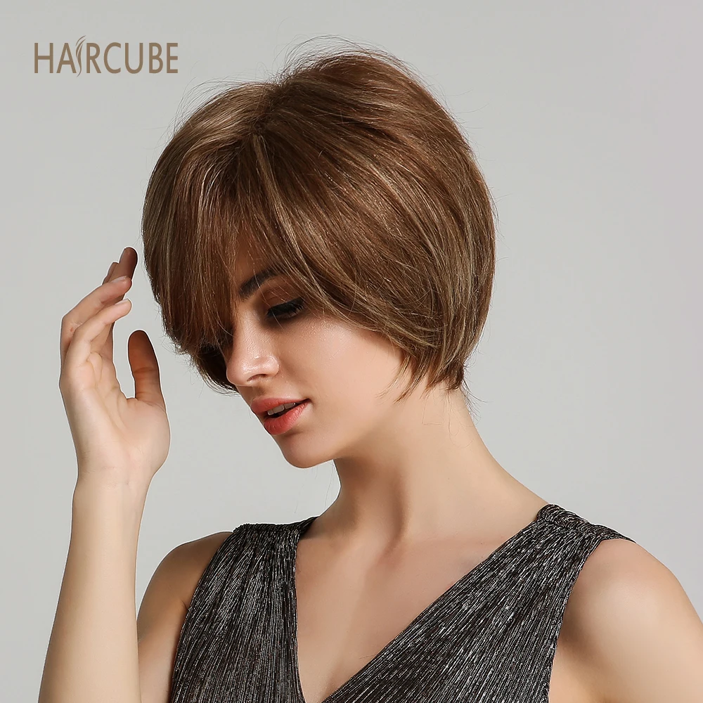 Haircube 6 дюймов синтетический парик для косплея короткие волнистые 50% человеческие волосы пушистые натуральные серебристо-серые парики для матери с челкой для женщин