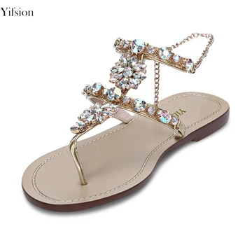 

Olomm New Women Fashion Sandals Charm Flat With Rhinestone Sandals Stylish Open Toe Gold Beach Shoes Ladies US Plus Size 3-15