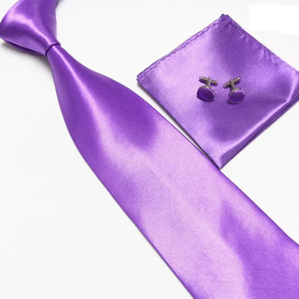 HOOYI твердый розовый мужской набор галстуков носовые платки запонки - Цвет: Фиолетовый