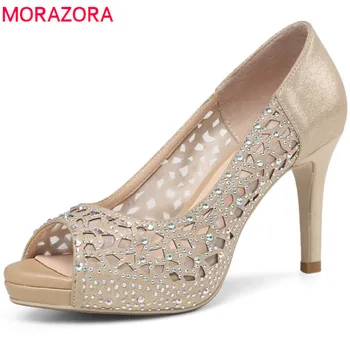

MORAZORA 2020 hot sale women pumps elegant peep toe summer shoes shallow simple party wedding shoes 8.5cm high heel shoes woman