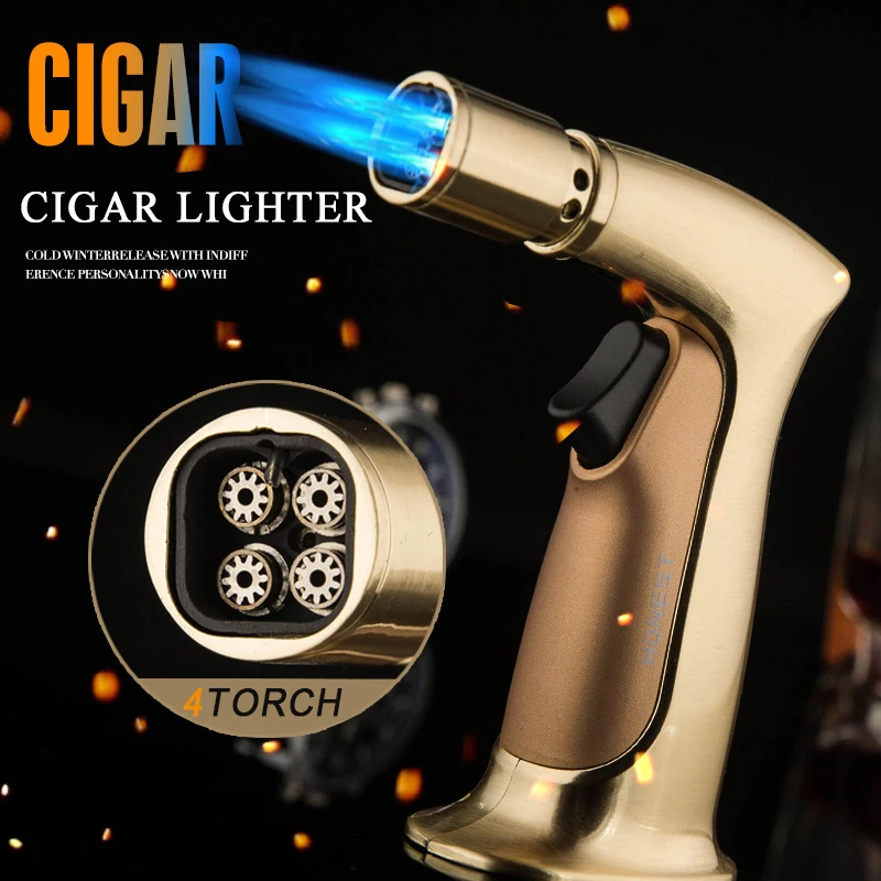 

3 color Honest Windproof Blue Flame 4 Torch Cigar Lighter Personality Straight Inflatable Ignition Baking with butane lighter