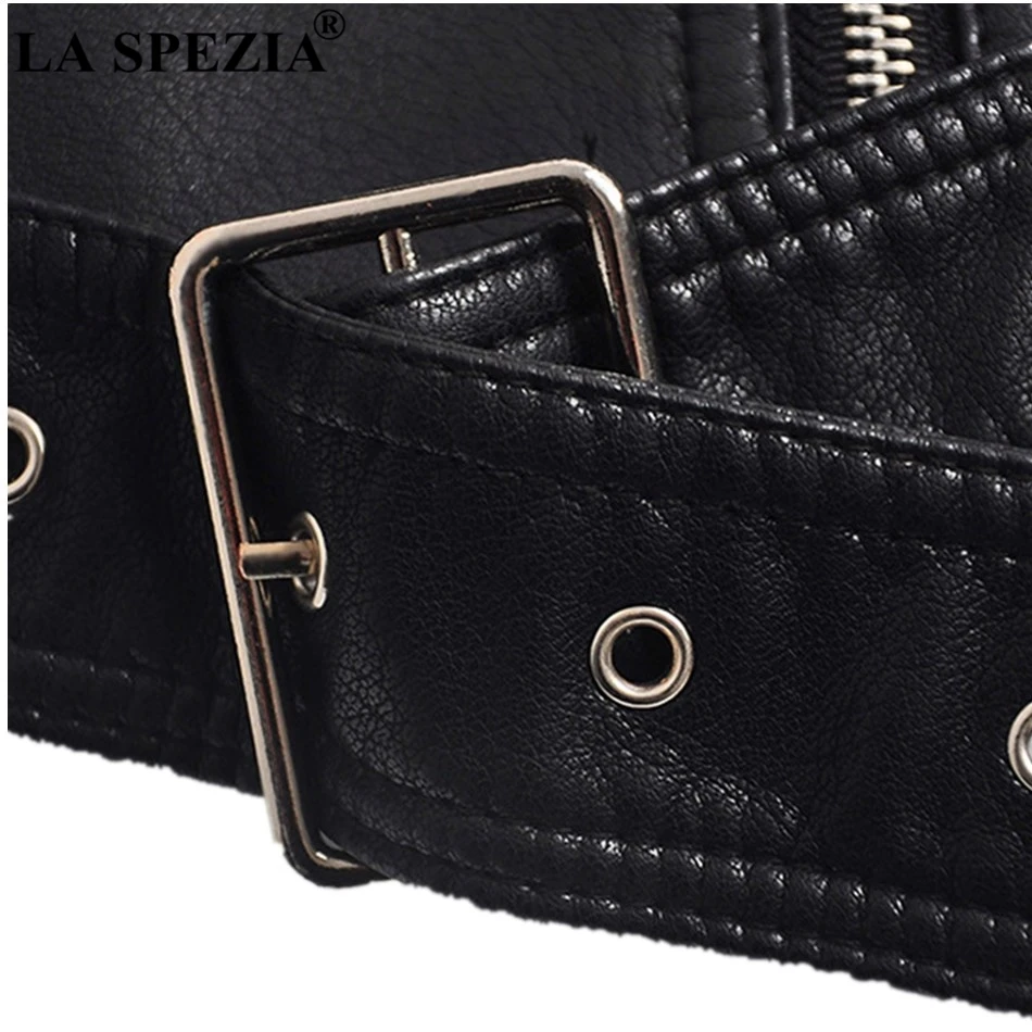LA SPEZIA Black Vest Women Biker Short Waistcoats Ladies Belt Faux Leather Zipper Punk Fashion Female Autumn Sleeveless Jackets