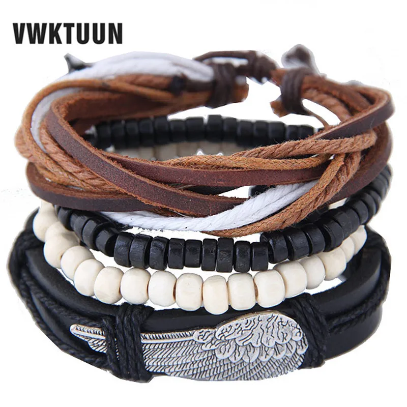 

VWKTUUN Bohemian MultiLayers Leather Bracelets For Women Men Jewelry Vintag Feather Charms Bracelets & Bangles Statement Jewelry