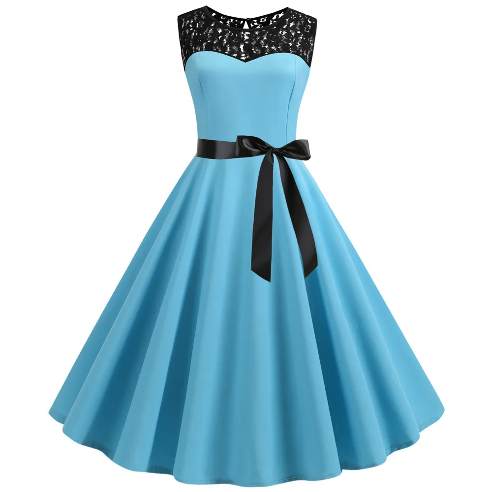 

Light Blue Lace Patchwork Summer Dress Women 2019 Elegant Vintage Party Dress Casual Office Ladies Work Dress Plus Size