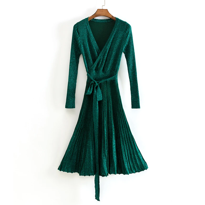 Spring Pleated Large Hem V Collar High Waist Lace Up Shiner Lurex Knitted Elastic Dress Women New Vintage Clothing C-006