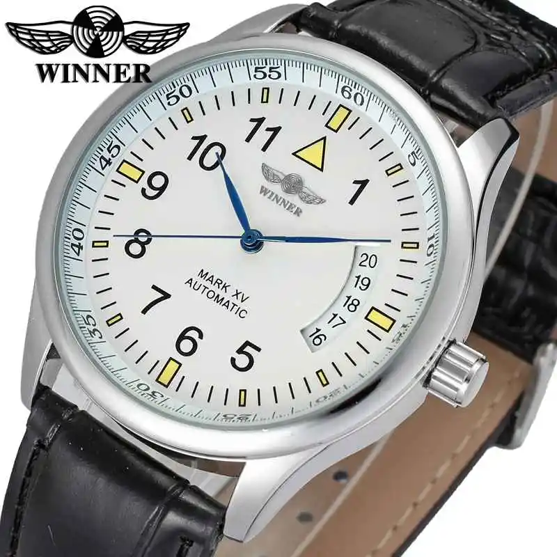 

WINNER Dress Men Auto Mechanical Watch Leather Strap White Dial Calendar Date Arabic Number Fashion Wristwatch Montre Homme