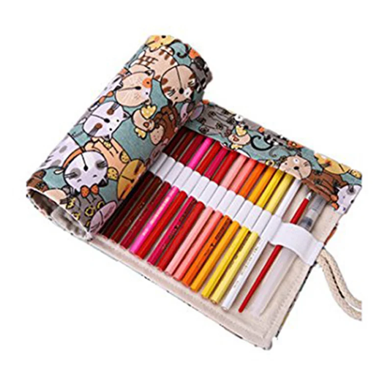 

Cute Canvas School Pencil Case 36/48/72 Holes Roll Up Pencil Bag Portable Pencil Box School Supplies Student material escolar
