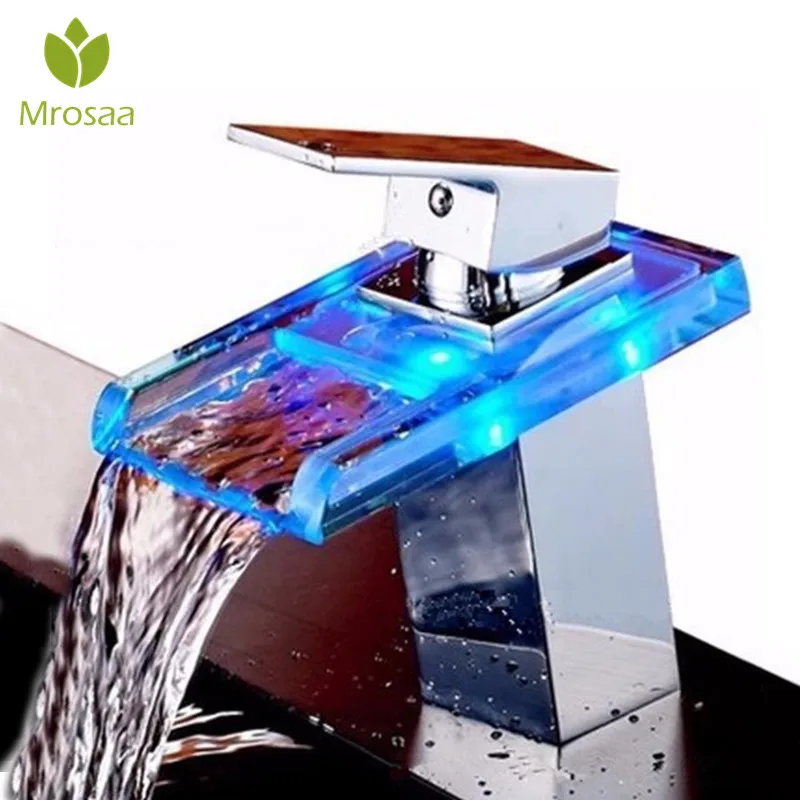 

Bathroom LED Solid Glass Waterfall Faucet Sink Hot Cold Mixer Tap Temperature Control Light Tap Single Lever Basin Faucets