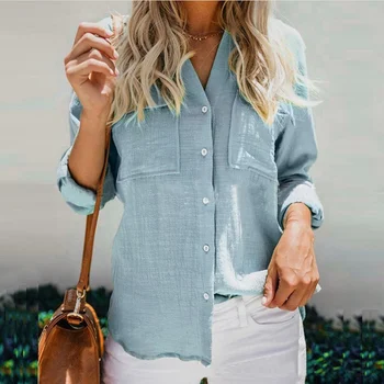 

Summer Fashion Pockets Slim Shirt Women's Solid Stand Collar Blouse Casual Long Sleeve Office Shirt blusas mujer de moda 2019