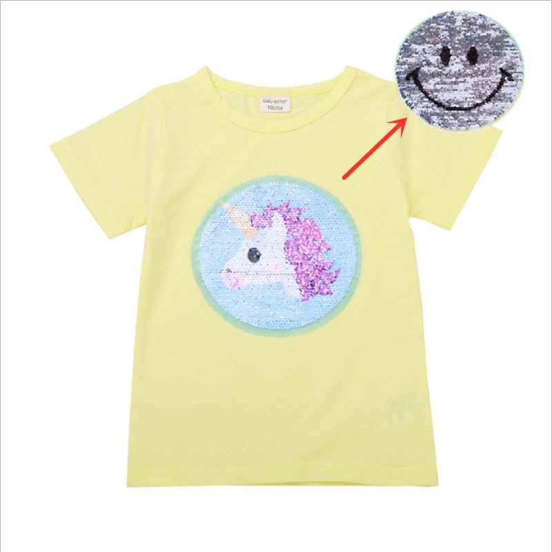 

cute change face color magic discoloration girl T-shirts sequin smile unicorn paillettes short sleeves t shirt for girls gifts