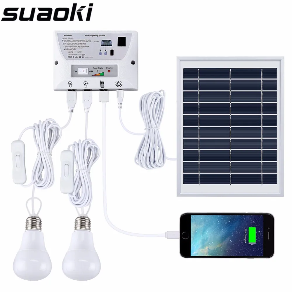 

Suaoki Solar Lighting System Portable Emergency Home Light Kit with Solar Panel 2 LED Bulbs 3 Ports for Indoor Outdoor Camping