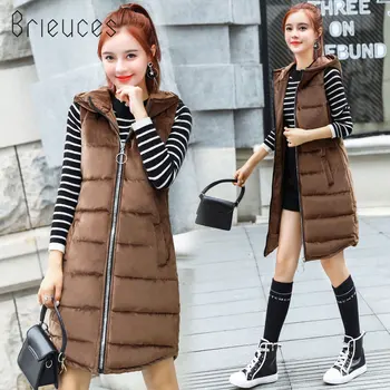 

Brieuces Autumn Winter Women Cotton Vest Coats New Slim Warm Hooded Parka Vests Jackets Lady Midi Long Sleeveless Waistcoat