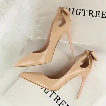 

2018 sexy banquet slim high heels shallow mouth single shoes pointed patent leather hollowed out bow female stilettos