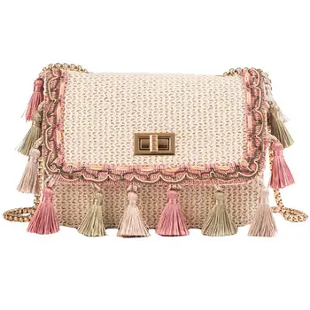 

New Ethnic Style Weaving Satchel Bag Buckle Closure Tassel Flap Cover Fashion Crossbody Bag Shoulder Bags Purse For Beach Travel
