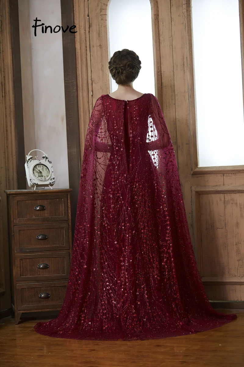 Finove Prom Dresses Long 2020 Robe De Soiree Wine Red Reflective Dress Sequined Elegant O Neck A Line Formal Party Woman Dress