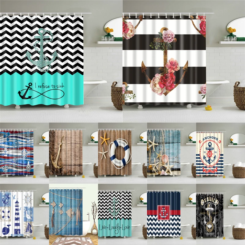 

nordic striped pattern waterproof shower curtains in the bathroom home decoration ship's anchor bath screen washable curtain