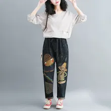 Женские весенние Лоскутные вышитые Мультяшные джинсовые штаны, винтажные джинсовые брюки с эластичной резинкой на талии