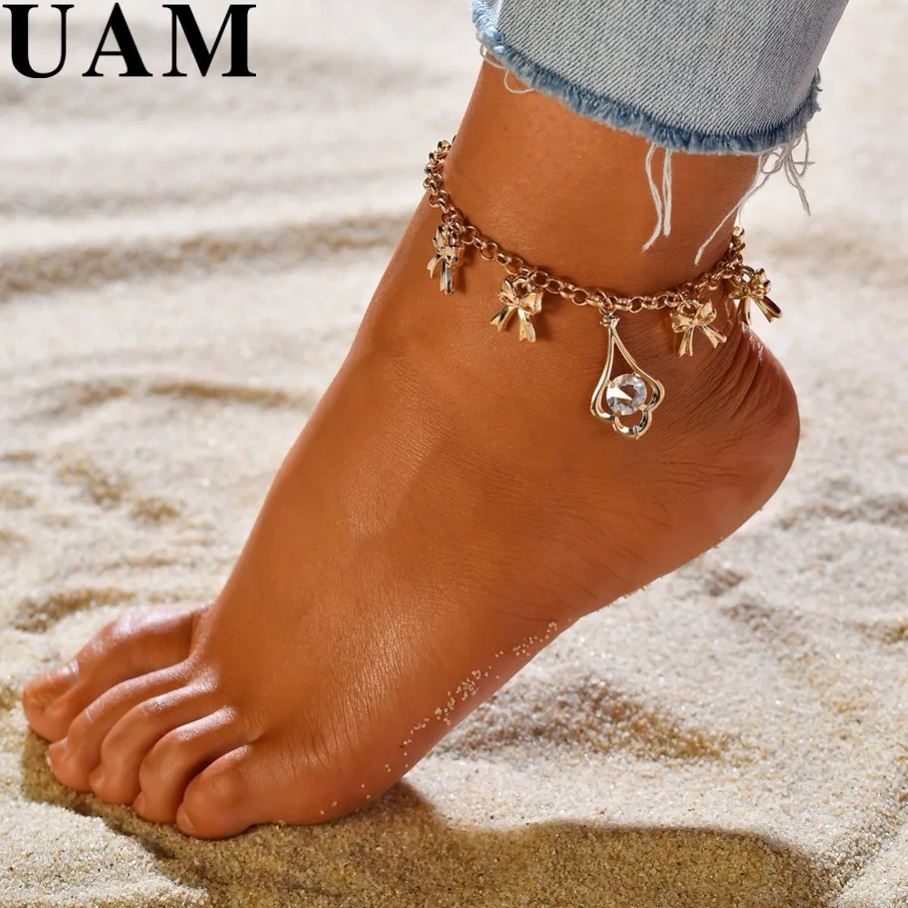 UAM Bow Knot Sweet Foot Charm Bracelet Simple Crystal Anklet Gold Color ...