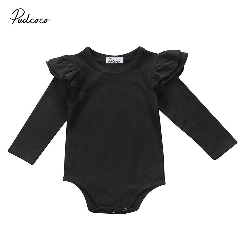 

2017 Casual Newborn Baby Girls Solid White/Black Ruffles Long Sleeve Cotton Romper Jumpsuit One Pieces Outfits Kids Clothing