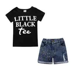 От 2 до 6 лет отпуск Стиль Комплекты одежды для маленьких девочек Черная футболка и джинсовые шорты Детское одежа из 2 предметов Костюмы