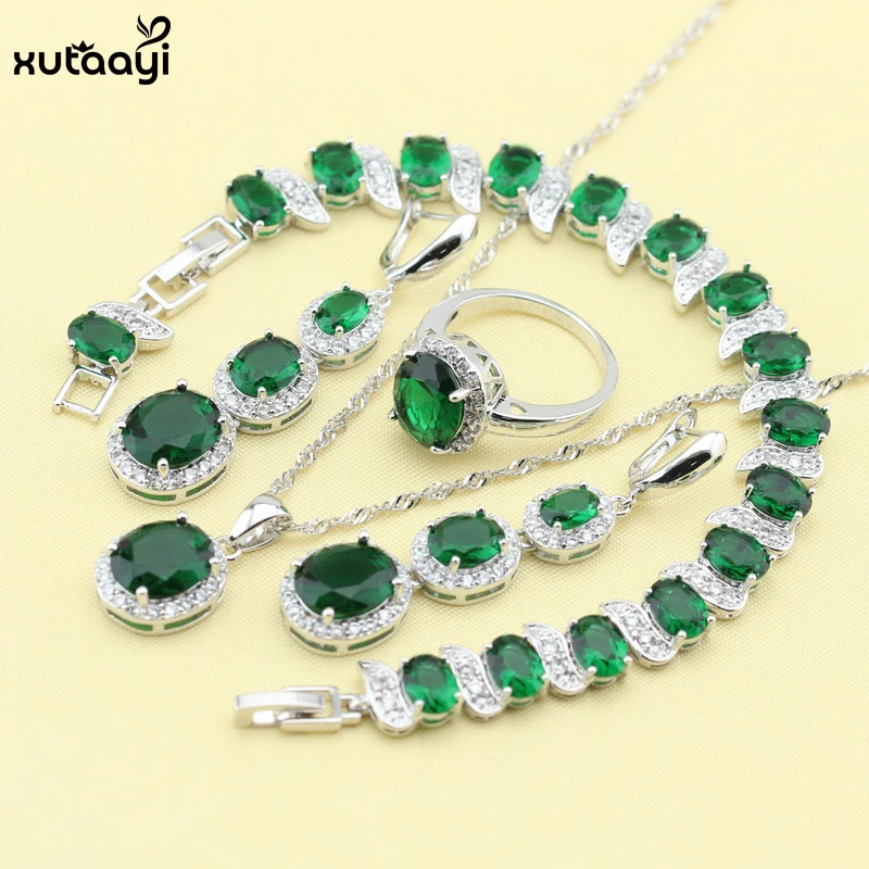 XUTAAYI Sterling Silver Overlay Jewelry Sets Green created Emerald Superb Necklace font b Rings b font