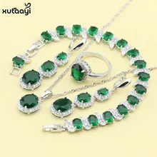 XUTAAYI Sterling Silver Overlay Jewelry Sets Green created Emerald Superb Necklace Rings Earrings/Bracelet For women Free Gift