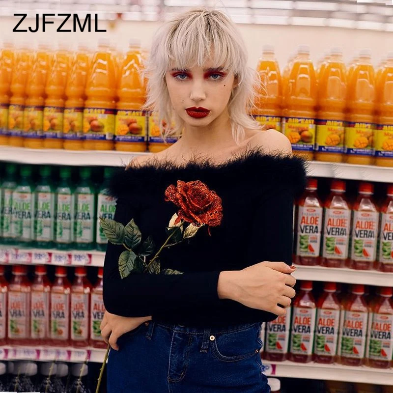 Autumn Off Shoulder Skinny Sexy Bodysuit 2018 Winter Long Sleeve Fluffy Rabbit Fur Patchwork Romper Women Black Causal Bodysuit