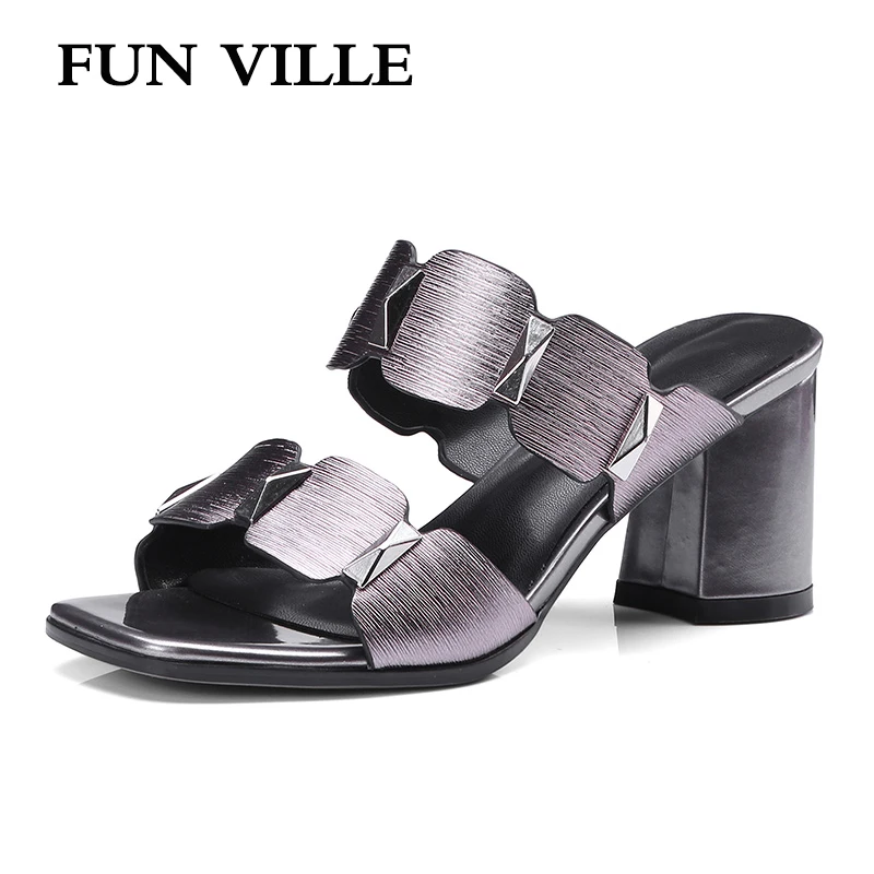 

FUN VILLE 2018 Summer New Fashion Women Slippers Genuine Leather high heels Thick heel shoes woman sexy ladies shoes size 34-42