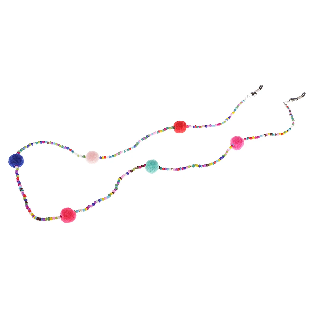 Anti Slip Colorful Beads Plush Ball Eyeglass Chain Necklace Rubber ends with Metal Coils Lanyards for Lady Girl 