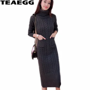 

TEAEGG Elegant Gray Turtleneck Sweater Dress Women Clothing Autumn Winter Dresses Women 2020 Elasticity Long Sleeve Dress AL644