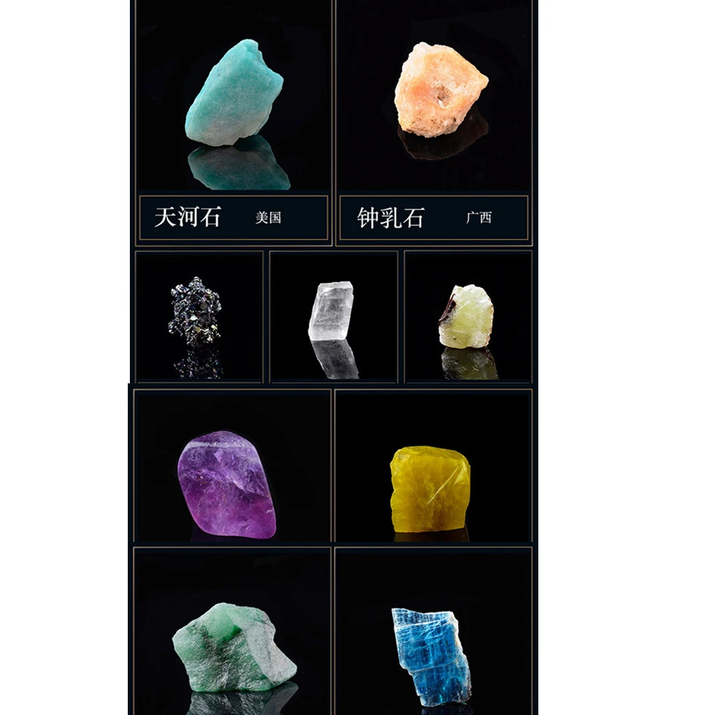 15pcs/ Box Educational Geology Science Kit Rock and Mineral Collection Gemstones Quartz / Jade Tektite Specimens in Display Case