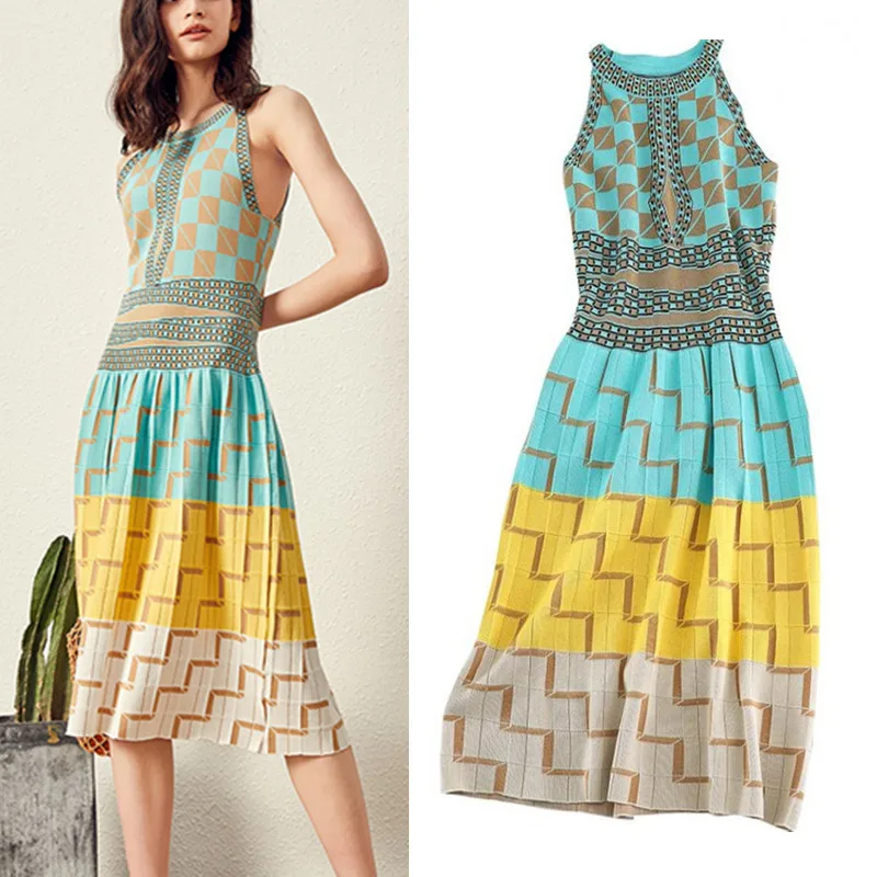 

Summer 2019 Bohemian New Women Casual Knitting Muti Colors dresses Sleeveless Geometric Ladies Knitted Party Dresses NS137