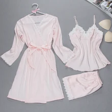 Осень-зима пикантные Для женщин атласное шелковое ночное белье Комплект халат+ верх+ шорты Ночная рубашка белье ночное белье, пижама femme