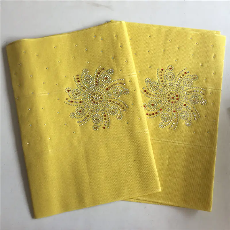 

Yellow Color African Aso Oke Gele Fabric for Head Shoulder Nigeria Headtie Wrapper With Stones For Lady Free Shipping 30