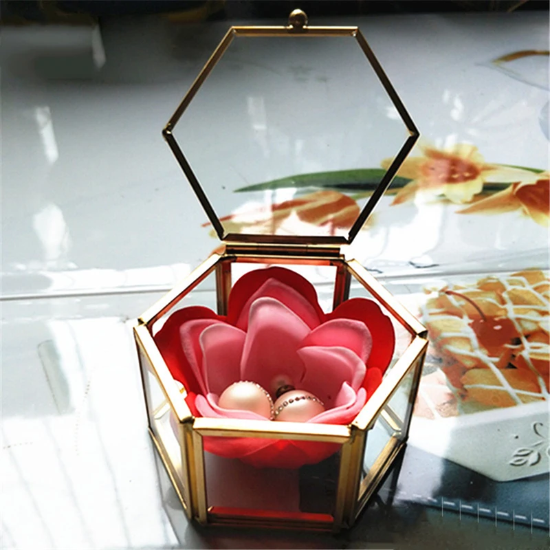 Свадебная стеклянная Геометрическая коробка-контейнер для колец, органайзер для макияжа, коробка для хранения ювелирных изделий, вечный цветок, микро-ландшафтное стекло, покрытие