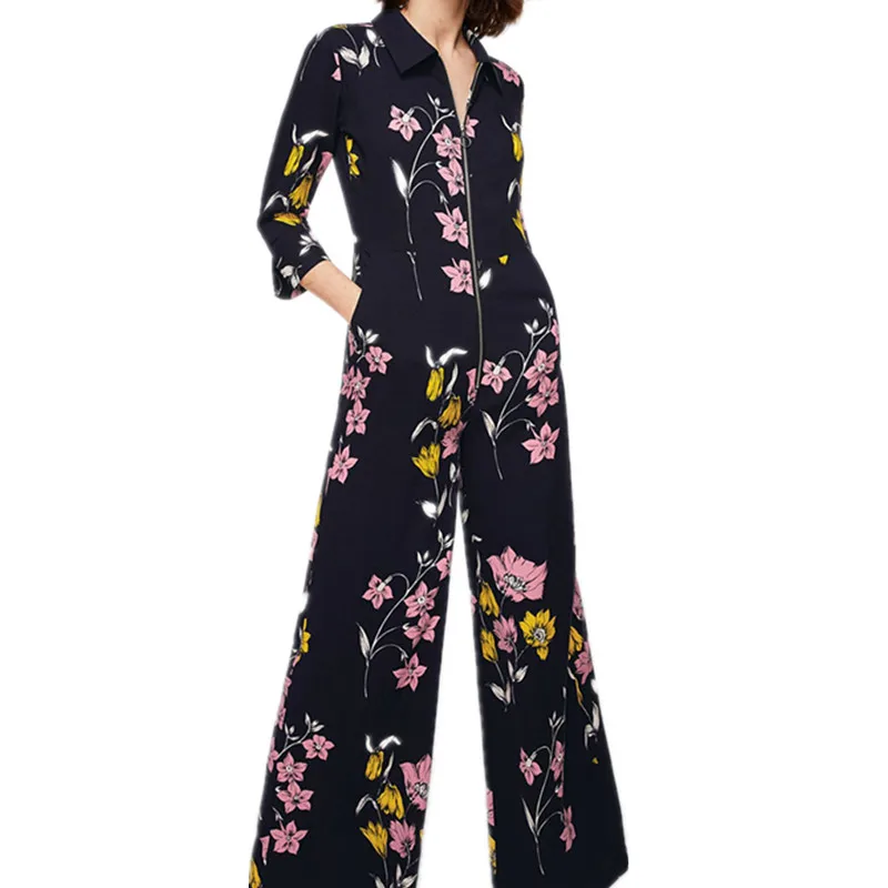 Casual zipper front Floral print turn down collar Jumpsuits long Romper