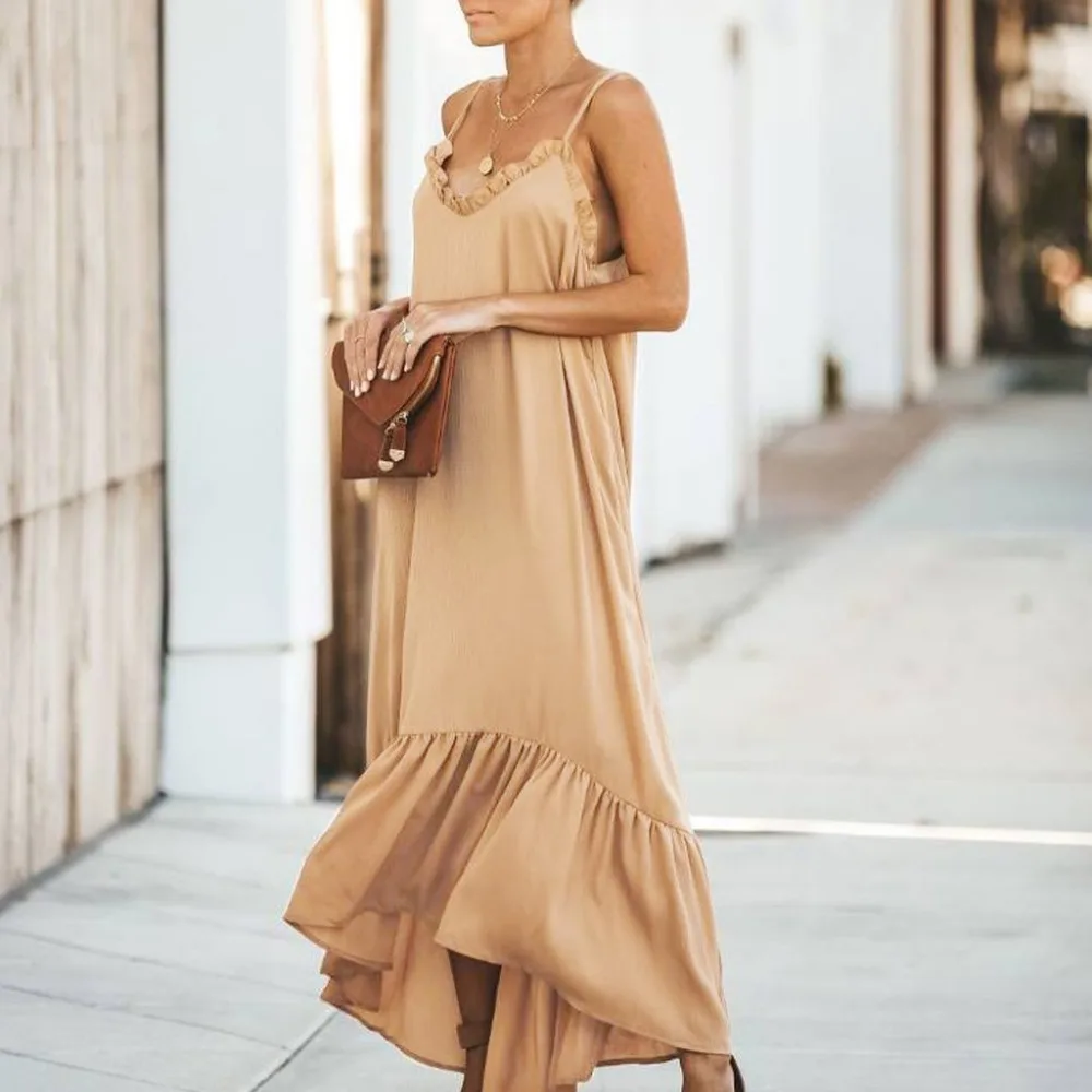 2019 new beach dress Women Summer Holiday Fold V-Neck Irregular Beach Maxi Dress solid loose summer dress @7