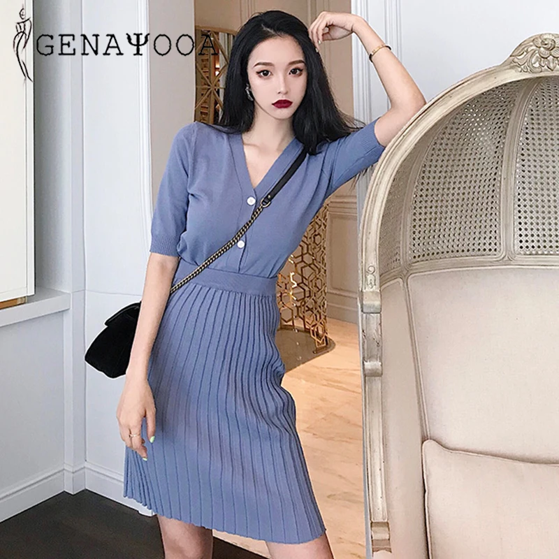 

Thin Summer Knitted Office Lady Women 2 Piece Skirt Sets Knee-length V-neck Half Sleeve 2 Piece Set Women Women's Sets 2019