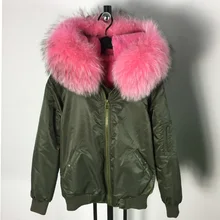 high quality waterproof shell zipper outwear raccoon fur collar hooded coat pink fur bomber jacket